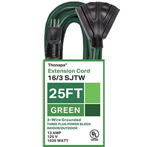 25 Ft Extension Cord with 3 Outlets UL Listed 16/3 SJTW 3-Wire Grounded Green 